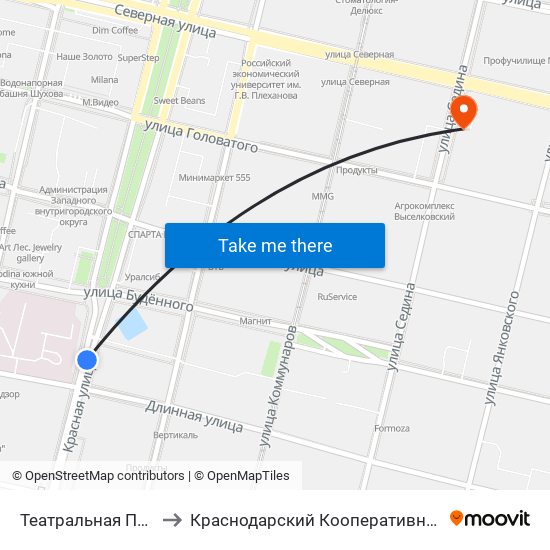 Театральная Площадь to Краснодарский Кооперативный Институт map