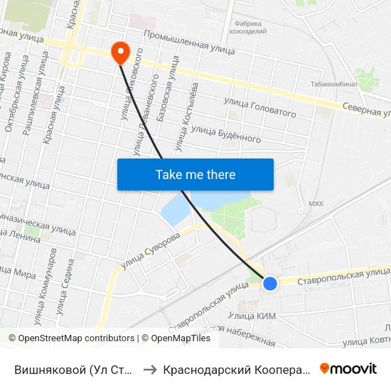 Вишняковой (Ул Ставропольская) to Краснодарский Кооперативный Институт map