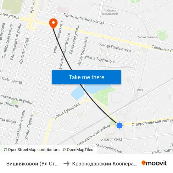 Вишняковой (Ул Ставропольская) to Краснодарский Кооперативный Институт map
