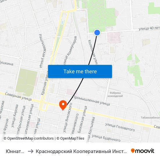 Юннатов to Краснодарский Кооперативный Институт map