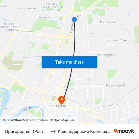 Пригородная (Ростовское Шоссе) to Краснодарский Кооперативный Институт map