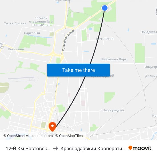 12-Й Км Ростовского Шоссе to Краснодарский Кооперативный Институт map