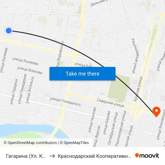 Гагарина (Ул. Каляева) to Краснодарский Кооперативный Институт map