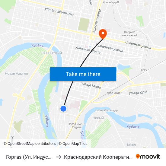 Горгаз (Ул. Индустриальная) to Краснодарский Кооперативный Институт map