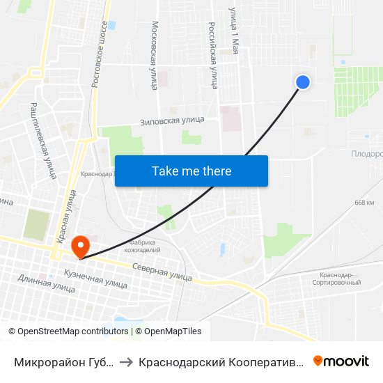 Микрорайон Губернский to Краснодарский Кооперативный Институт map