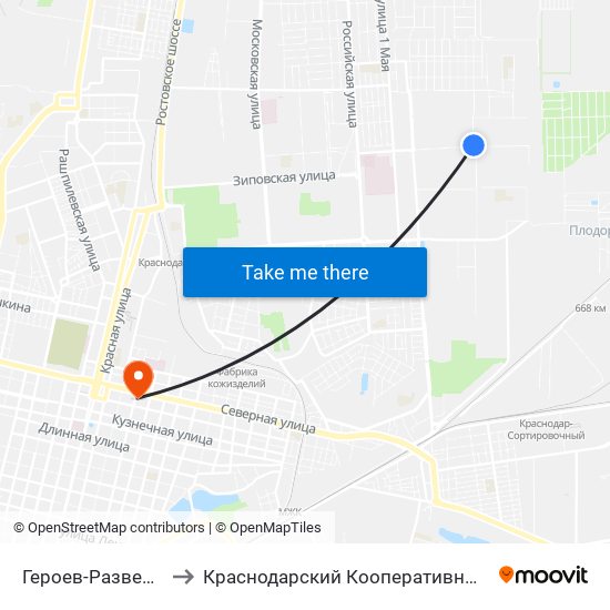 Героев-Разведчиков to Краснодарский Кооперативный Институт map