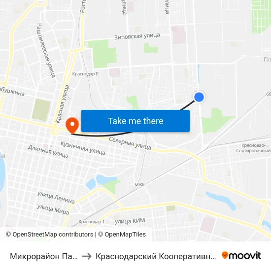 Микрорайон Панорама to Краснодарский Кооперативный Институт map