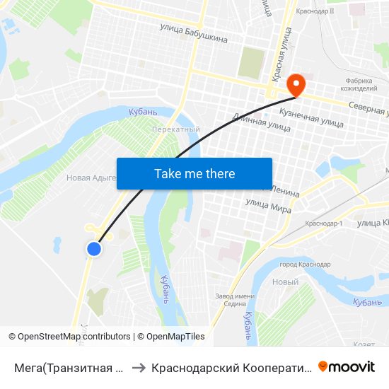 Мега(Транзитная Остановка) to Краснодарский Кооперативный Институт map