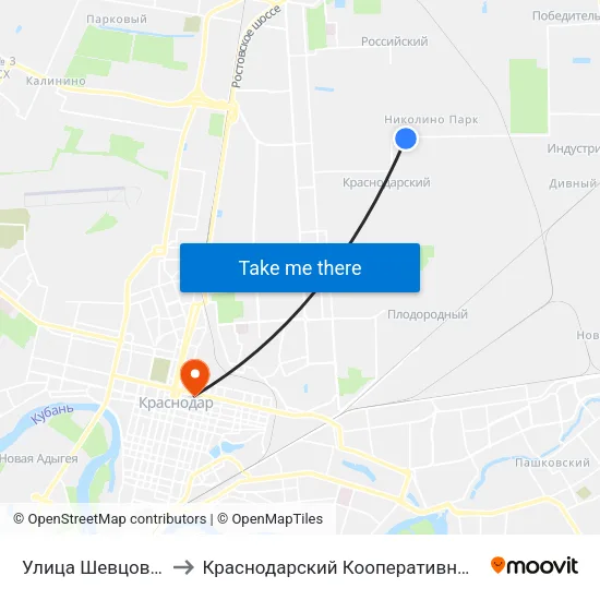 Улица Шевцова, 36/1 to Краснодарский Кооперативный Институт map