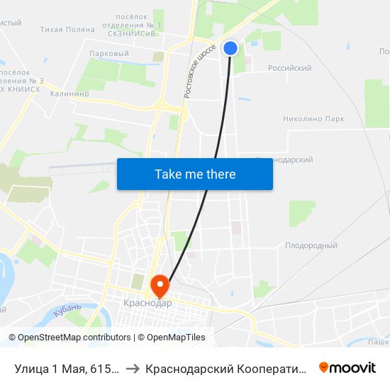 Улица 1 Мая, 615 Корпус 4 to Краснодарский Кооперативный Институт map