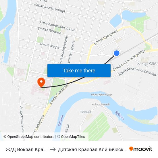 Ж/Д Вокзал Краснодар-1 to Детская Краевая Клиническая Больница map
