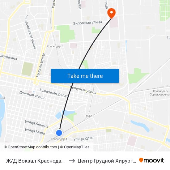 Ж/Д Вокзал Краснодар-1 to Центр Грудной Хирургии map