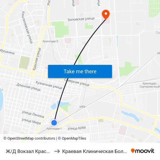Ж/Д Вокзал Краснодар-1 to Краевая Клиническая Больница №1 map
