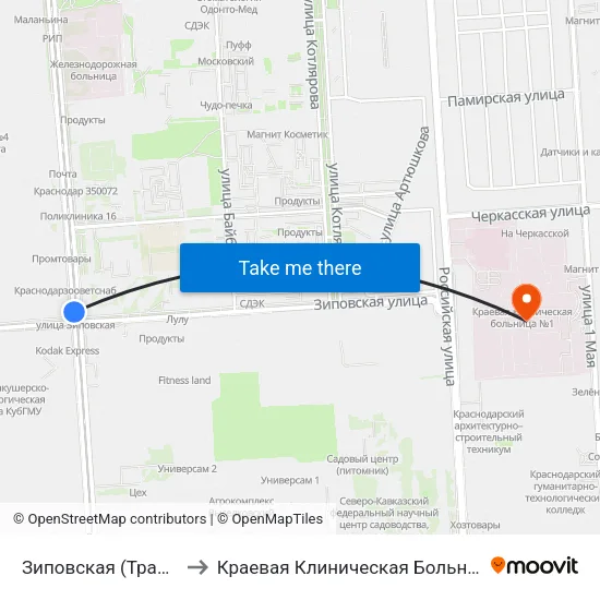 Зиповская (Трамвай) to Краевая Клиническая Больница №1 map