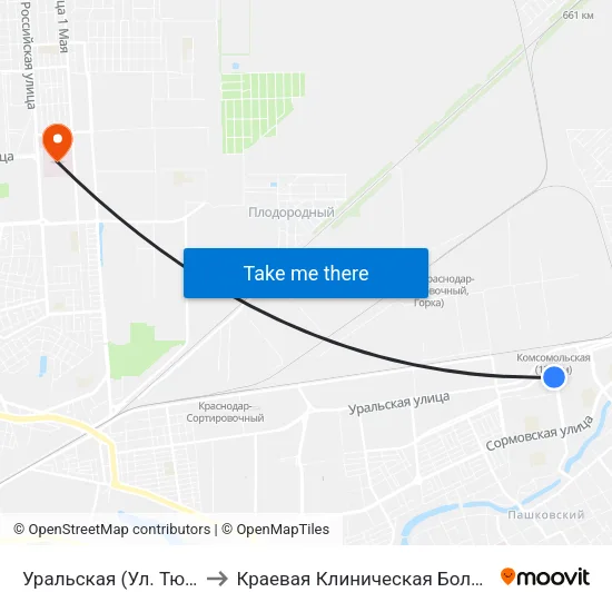 Уральская (Ул. Тюляева) to Краевая Клиническая Больница №1 map