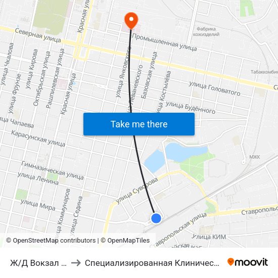Ж/Д Вокзал Краснодар-1 to Специализированная Клиническая Инфекционная Больница map