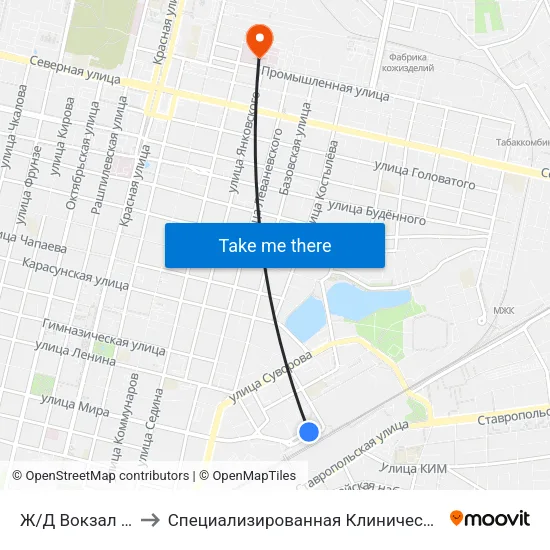 Ж/Д Вокзал Краснодар-1 to Специализированная Клиническая Инфекционная Больница map