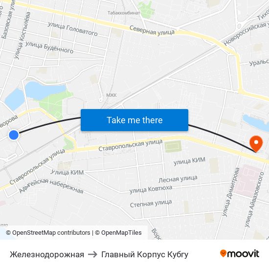 Железнодорожная to Главный Корпус Кубгу map