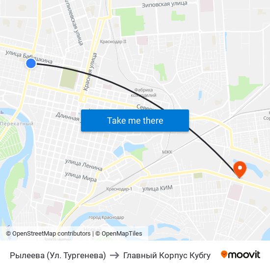 Рылеева (Ул. Тургенева) to Главный Корпус Кубгу map