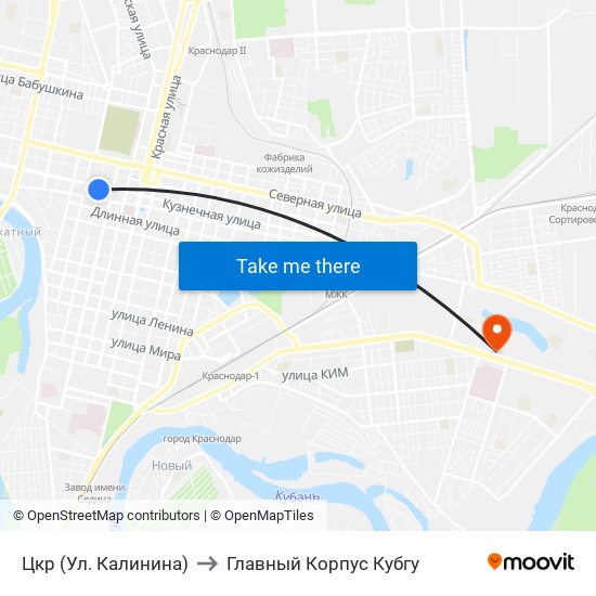 Цкр (Ул. Калинина) to Главный Корпус Кубгу map