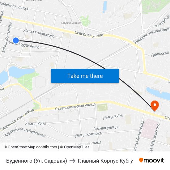 Будённого (Ул. Садовая) to Главный Корпус Кубгу map