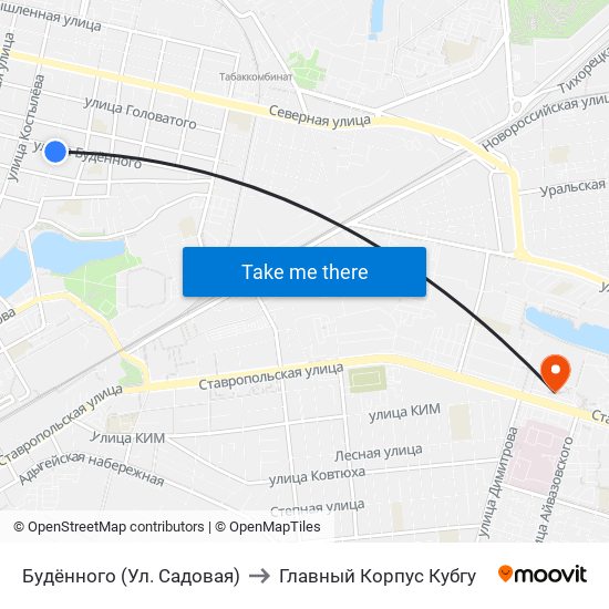 Будённого (Ул. Садовая) to Главный Корпус Кубгу map