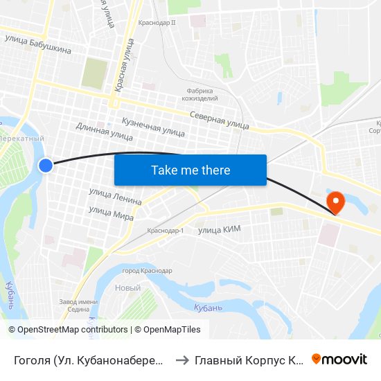 Гоголя (Ул. Кубанонабережная) to Главный Корпус Кубгу map