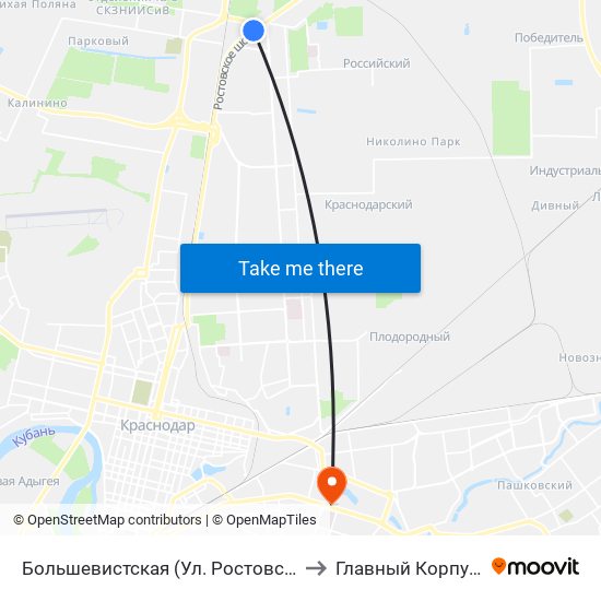 Большевистская (Ул. Ростовское Шоссе) to Главный Корпус Кубгу map