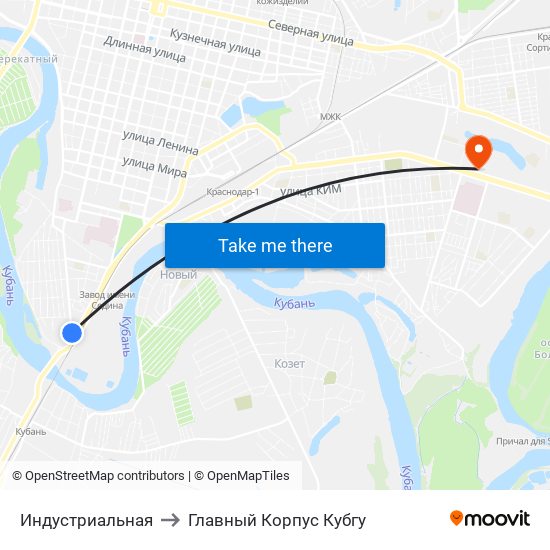 Индустриальная to Главный Корпус Кубгу map