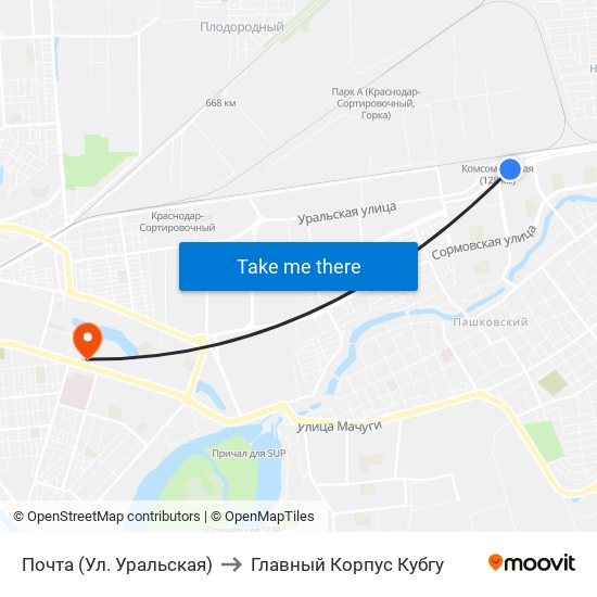 Почта (Ул. Уральская) to Главный Корпус Кубгу map