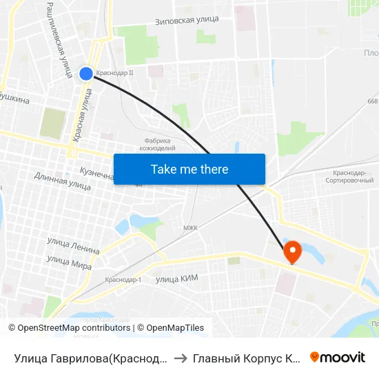 Улица Гаврилова(Краснодар2) to Главный Корпус Кубгу map