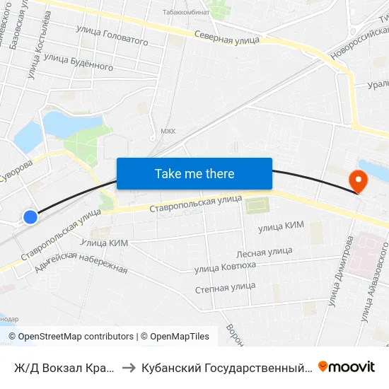 Ж/Д Вокзал Краснодар-1 to Кубанский Государственный Университет map