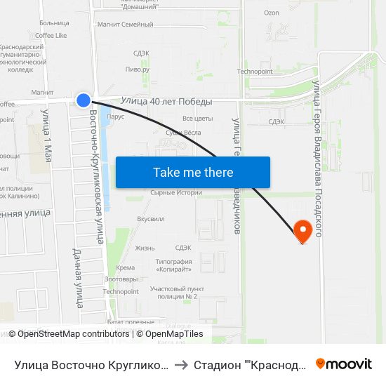 Улица Восточно Кругликовская to Стадион ""Краснодар 2"" map
