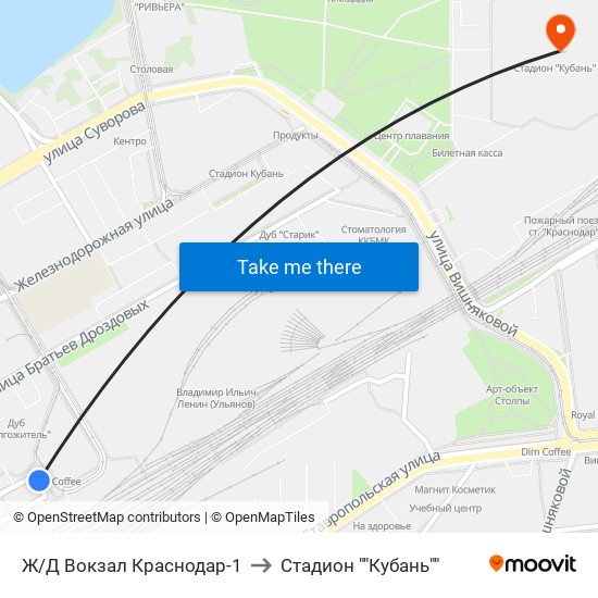 Ж/Д Вокзал Краснодар-1 to Стадион ""Кубань"" map