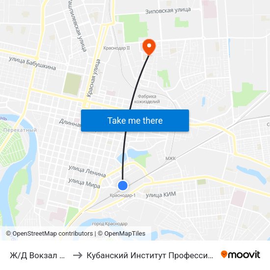Ж/Д Вокзал Краснодар-1 to Кубанский Институт Профессионального Образования map