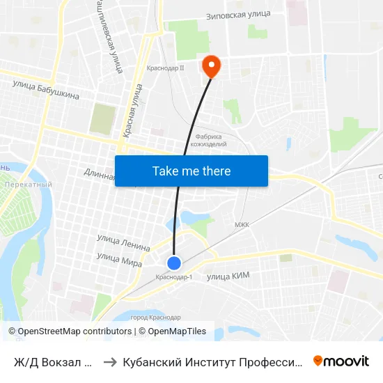 Ж/Д Вокзал Краснодар-1 to Кубанский Институт Профессионального Образования map