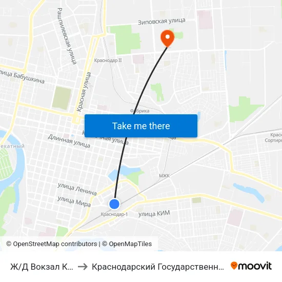 Ж/Д Вокзал Краснодар-1 to Краснодарский Государственный Институт Культуры map
