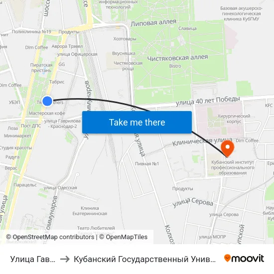 Улица Гаврилова to Кубанский Государственный Университет Правосудия map