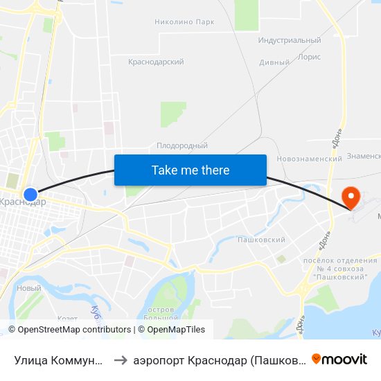 Улица Коммунаров to аэропорт Краснодар (Пашковский) map