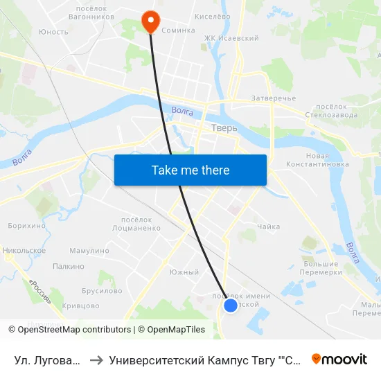 Ул. Луговая, 51 to Университетский Кампус Твгу ""Соминка"" map
