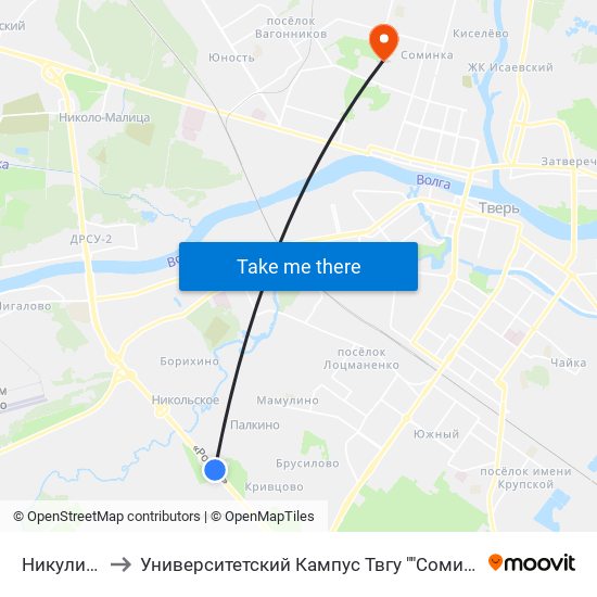 Никулино to Университетский Кампус Твгу ""Соминка"" map