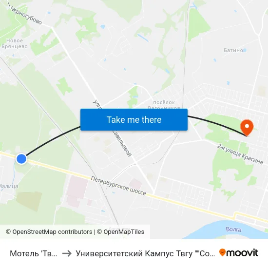 Мотель 'Тверь' to Университетский Кампус Твгу ""Соминка"" map