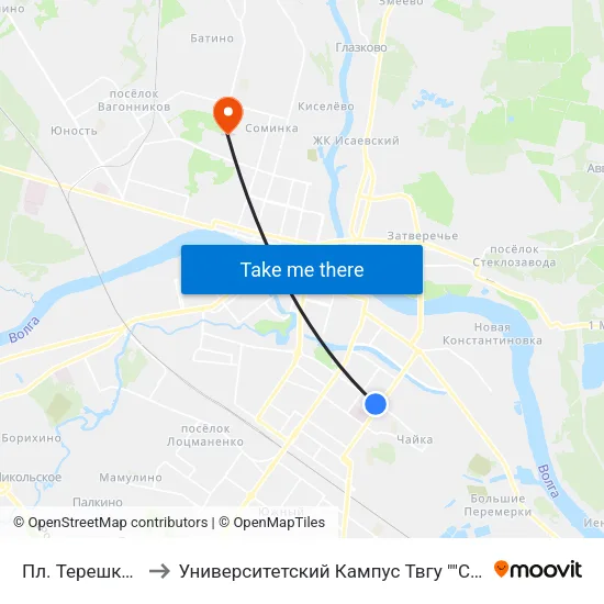 Пл. Терешковой to Университетский Кампус Твгу ""Соминка"" map