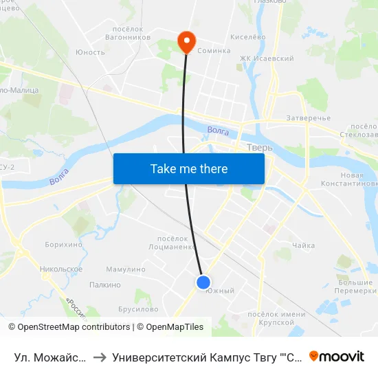 Ул. Можайского to Университетский Кампус Твгу ""Соминка"" map