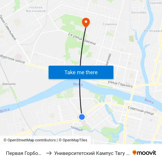 Первая Горбольница to Университетский Кампус Твгу ""Соминка"" map