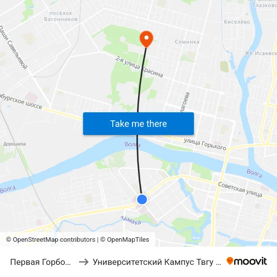 Первая Горбольница to Университетский Кампус Твгу ""Соминка"" map