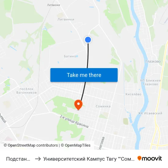 Подстанция to Университетский Кампус Твгу ""Соминка"" map