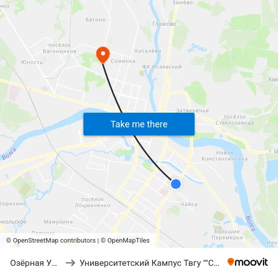 Озёрная Улица to Университетский Кампус Твгу ""Соминка"" map