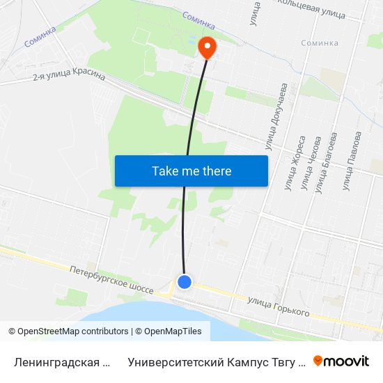 Ленинградская Застава to Университетский Кампус Твгу ""Соминка"" map