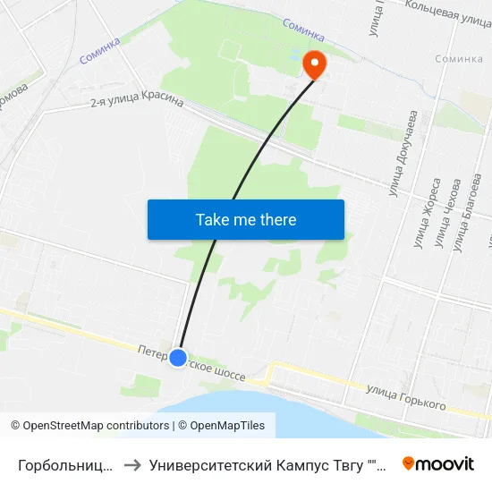 Горбольница №3 to Университетский Кампус Твгу ""Соминка"" map